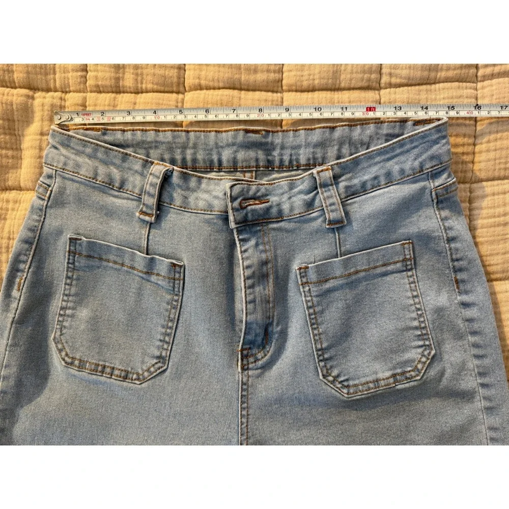 Unbranded Jeans Women XL Blue Wide Leg High Rise Front Patch Pockets Stretch